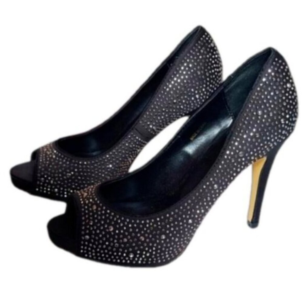 Le Chateau Black and Pewter Glitter Rhinestone Peep Toe Heels size 6
